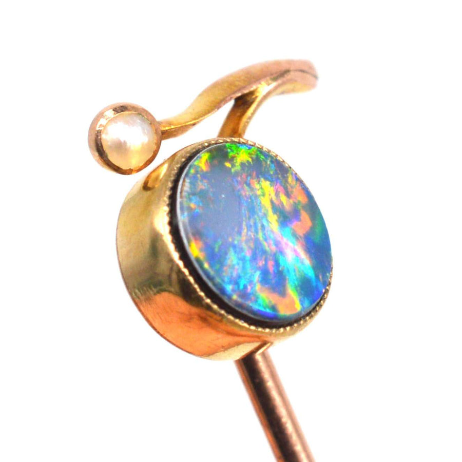 Edwardian 9ct Gold Black Opal Doublet and Pearl Tie Pin