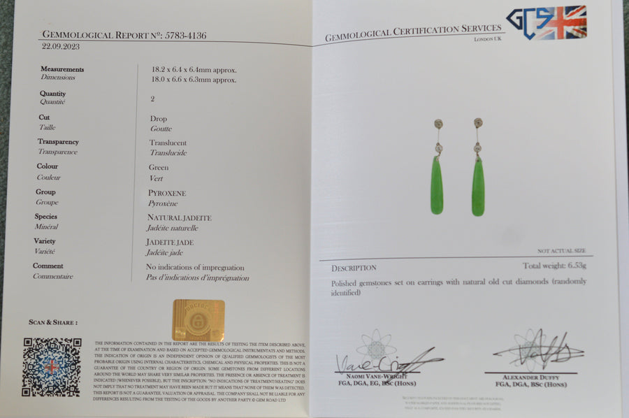 Edwardian Platinum, Certified Natural Jade and Diamond Earrings