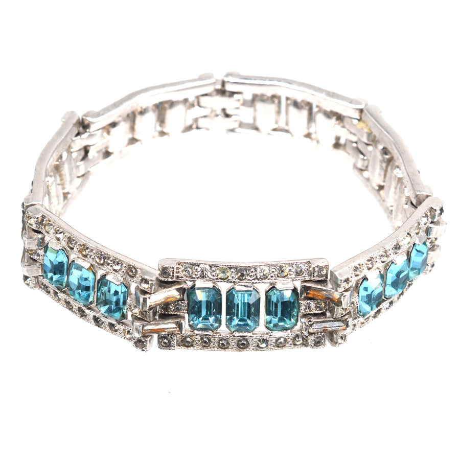 Art Deco Chrome White and Aquamarine Paste Bracelet