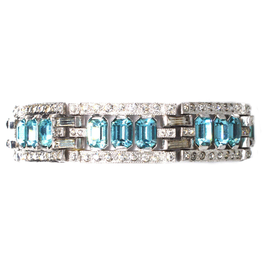 Art Deco Chrome White and Aquamarine Paste Bracelet