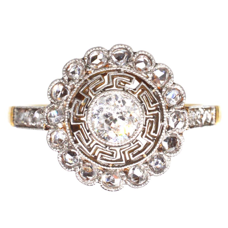 Art Deco 18ct Gold and Platinum Target Diamond Ring with Greek Key Details