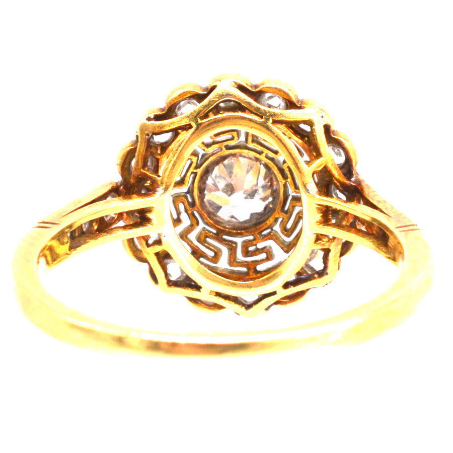 Art Deco 18ct Gold and Platinum Target Diamond Ring with Greek Key Details