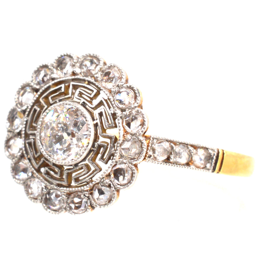 Art Deco 18ct Gold and Platinum Target Diamond Ring with Greek Key Details