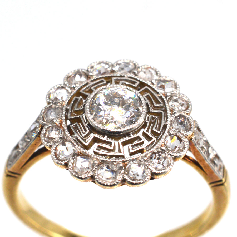 Art Deco 18ct Gold and Platinum Target Diamond Ring with Greek Key Details