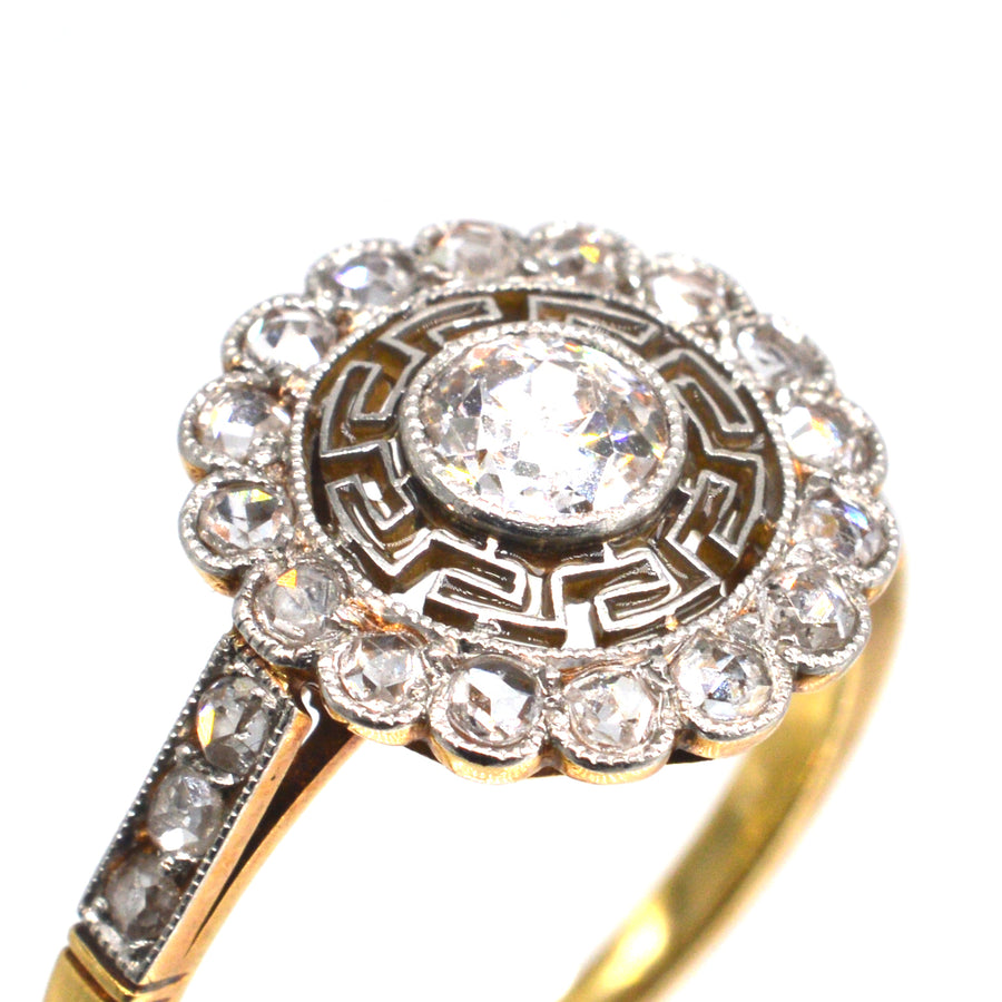 Art Deco 18ct Gold and Platinum Target Diamond Ring with Greek Key Details