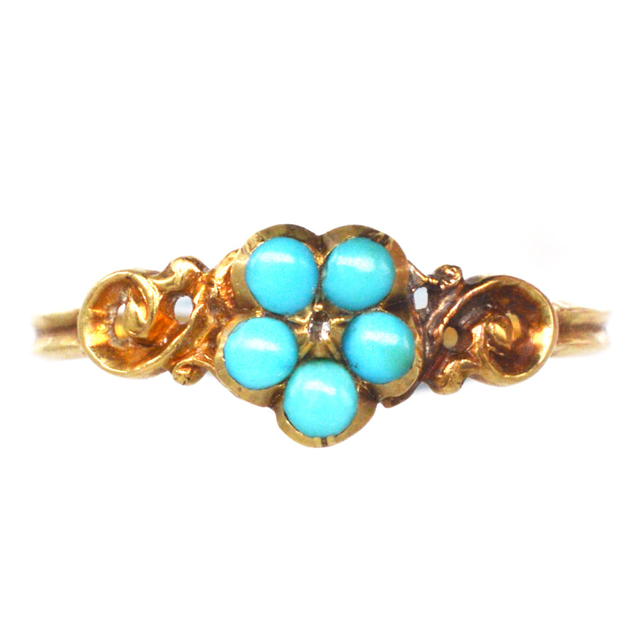 Georgian William IV 18ct Gold Forget me Not Turquoise and Diamond Cluster Ring
