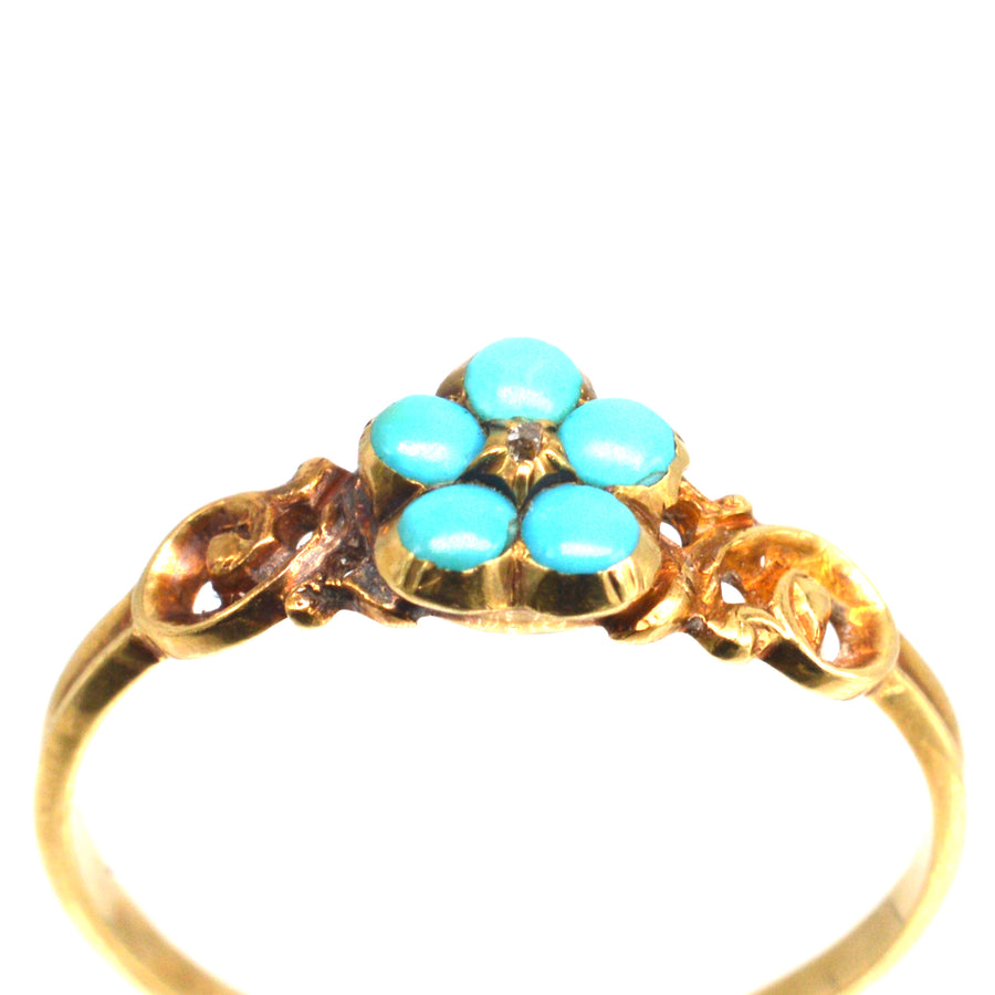 Georgian William IV 18ct Gold Forget me Not Turquoise and Diamond Cluster Ring