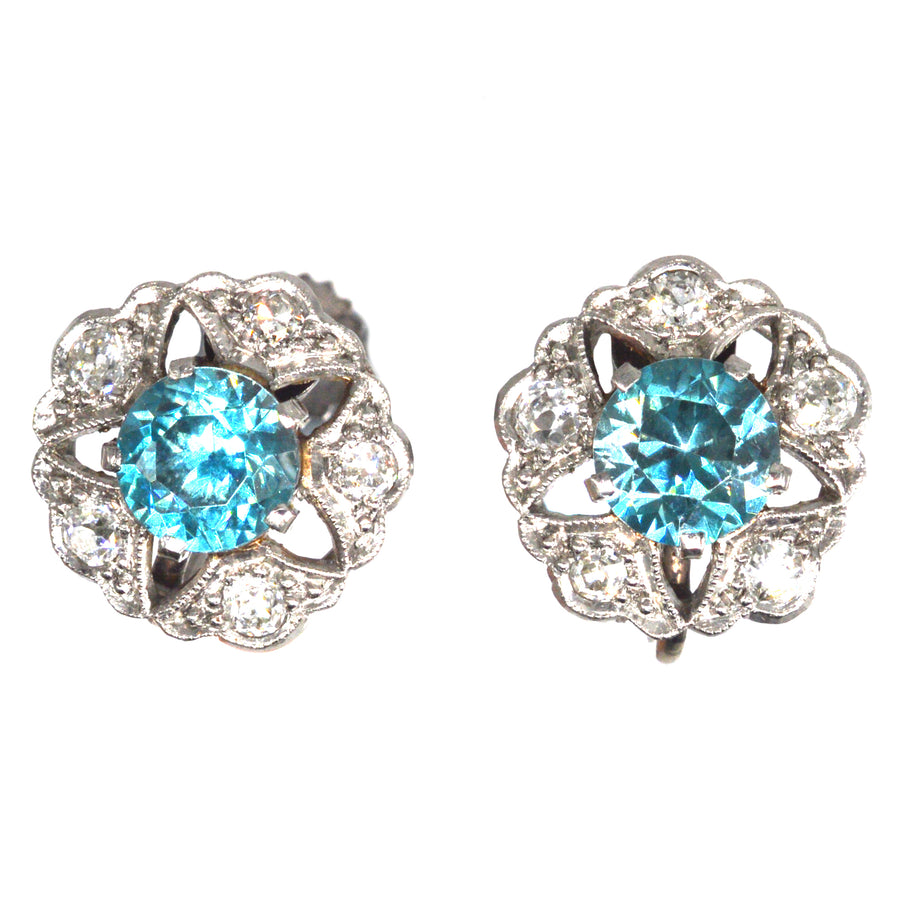 Art Deco 9ct White Gold Blue Zircon and Diamond Cluster Earrings