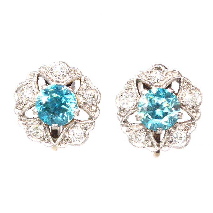 Art Deco 9ct White Gold Blue Zircon and Diamond Cluster Earrings