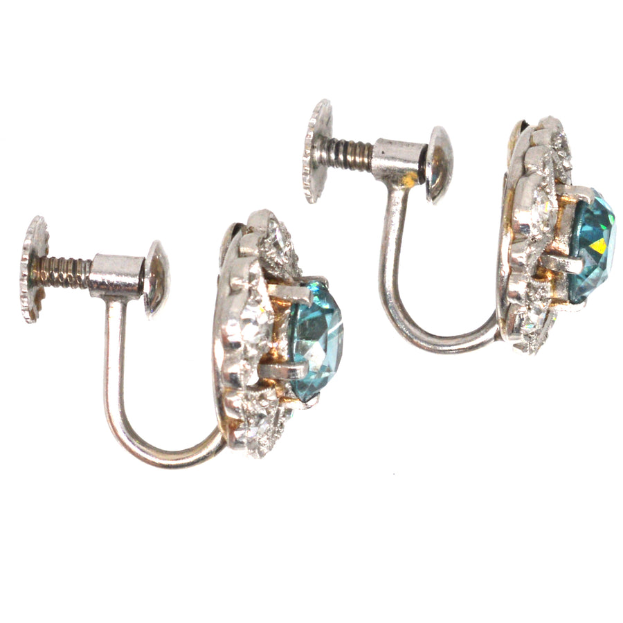 Art Deco 9ct White Gold Blue Zircon and Diamond Cluster Earrings