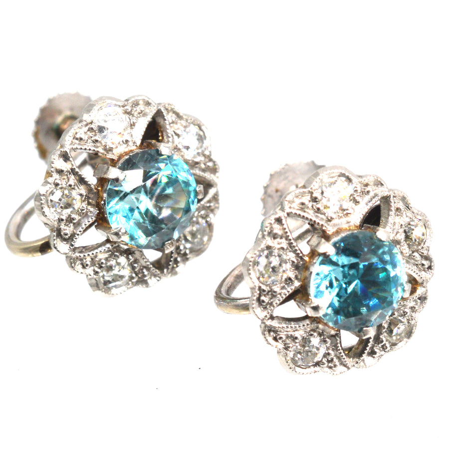 Art Deco 9ct White Gold Blue Zircon and Diamond Cluster Earrings
