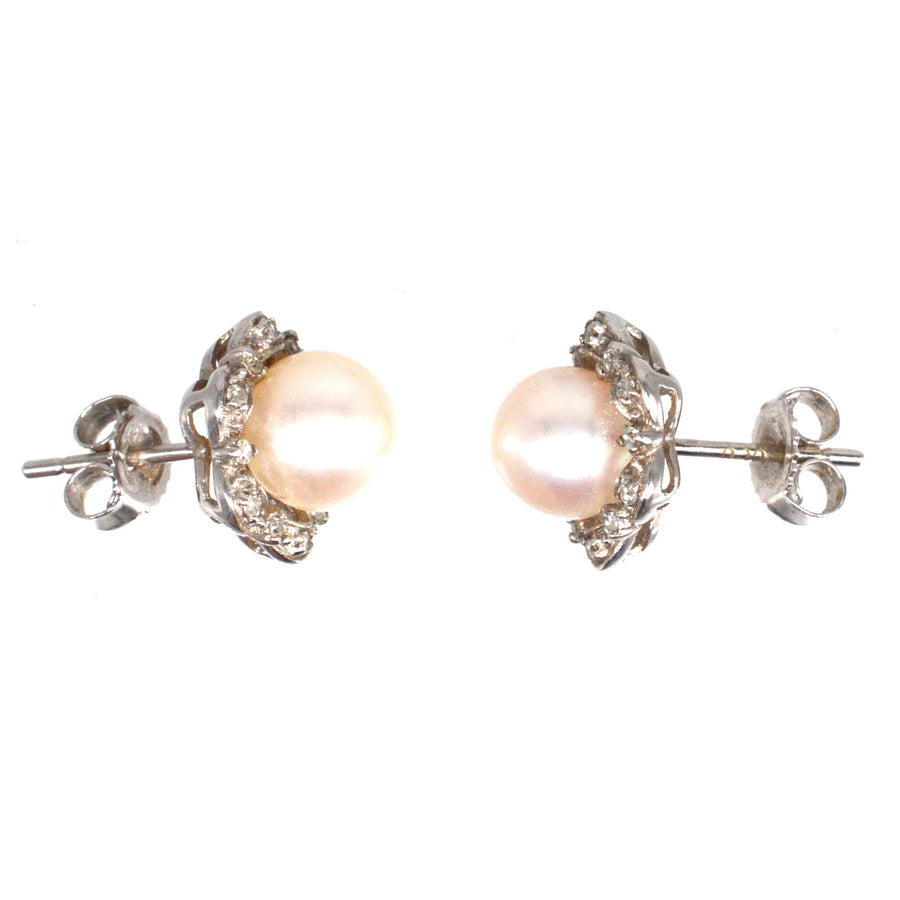 Mid Century 9ct White Gold Pearl and Diamond Star Cluster Earrings