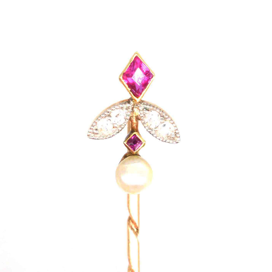 Edwardian 15ct Gold Ruby, Diamond and Natural Pearl Tie Pin