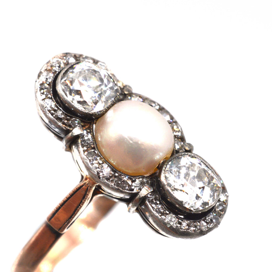 Edwardian Silver and 15ct Gold Old Mine Cut Diamond and Natural Pearl Three Stone Ring