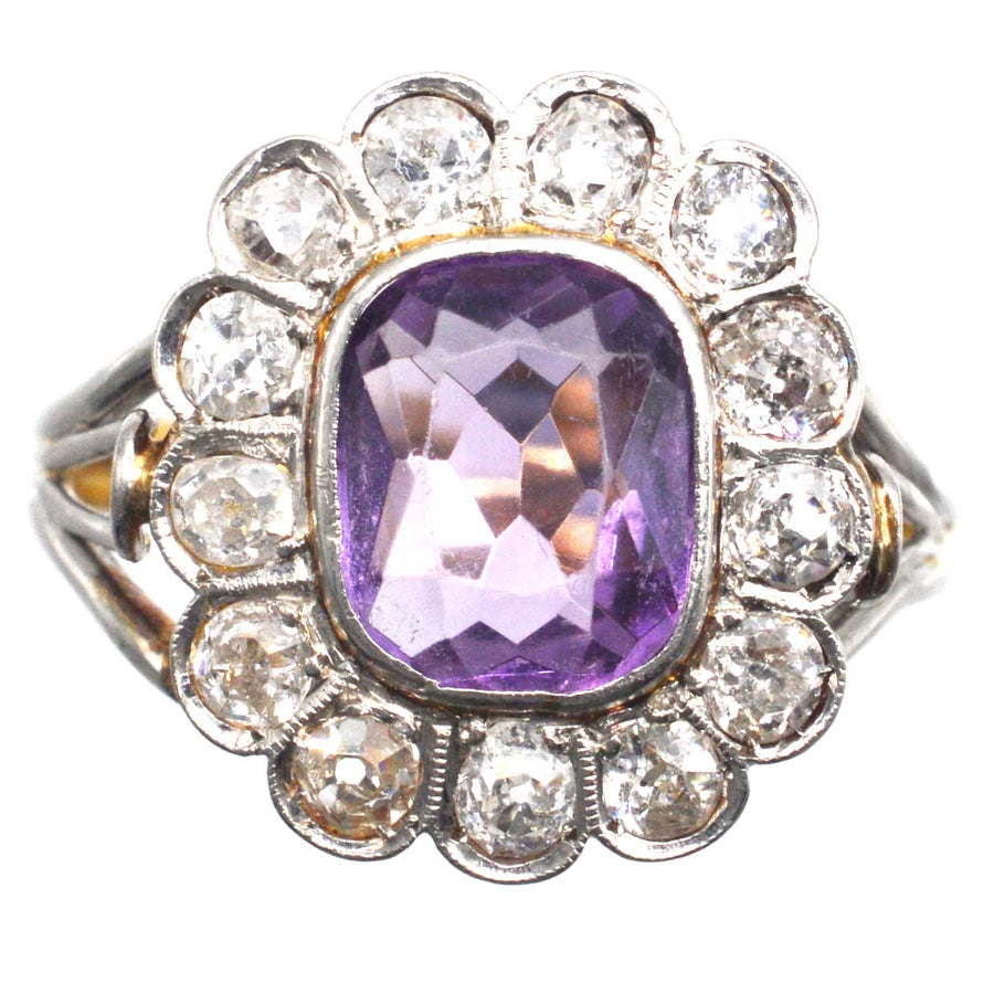 Edwardian Platinum and 18ct Gold Amethyst and Diamond Cluster Ring