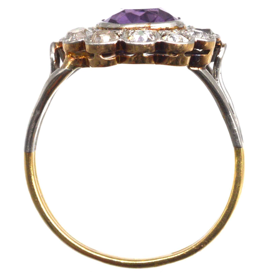 Edwardian Platinum and 18ct Gold Amethyst and Diamond Cluster Ring