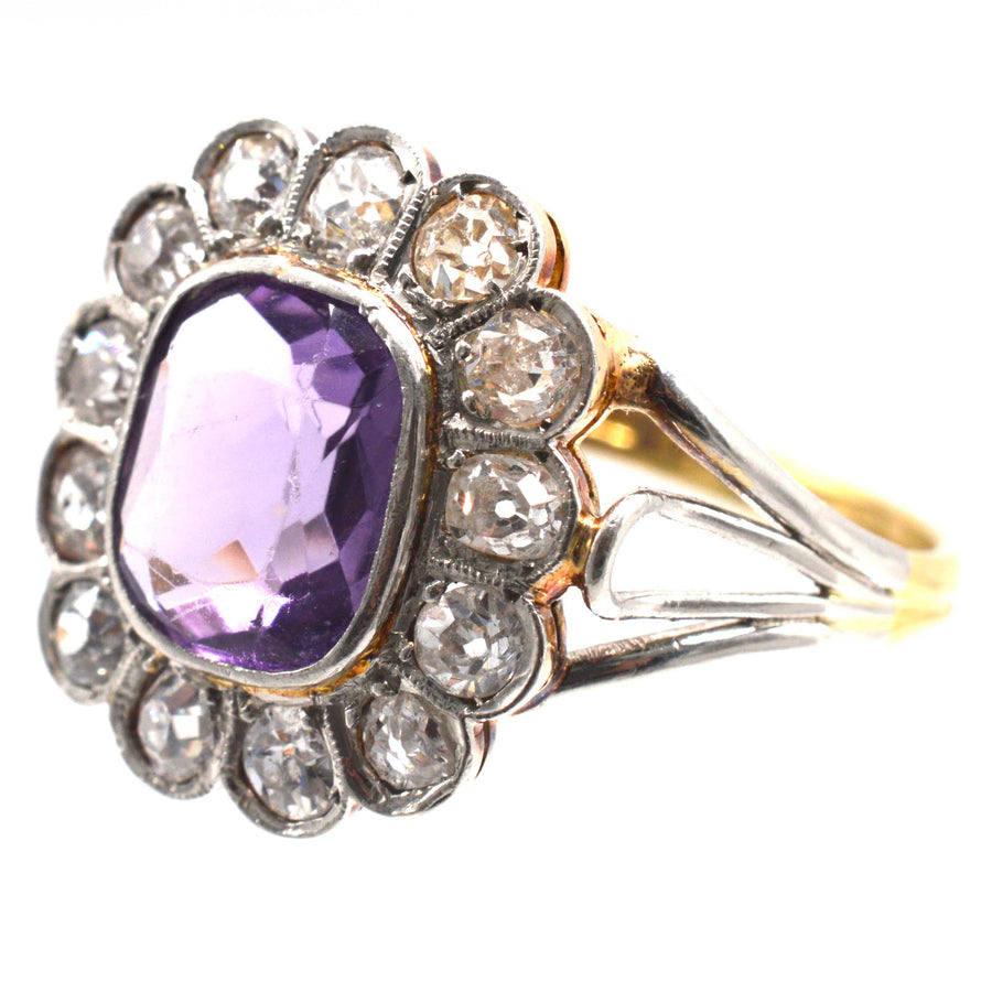 Edwardian Platinum and 18ct Gold Amethyst and Diamond Cluster Ring