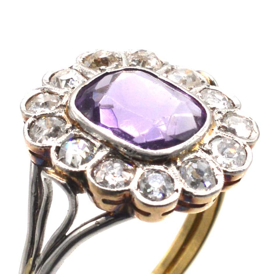 Edwardian Platinum and 18ct Gold Amethyst and Diamond Cluster Ring