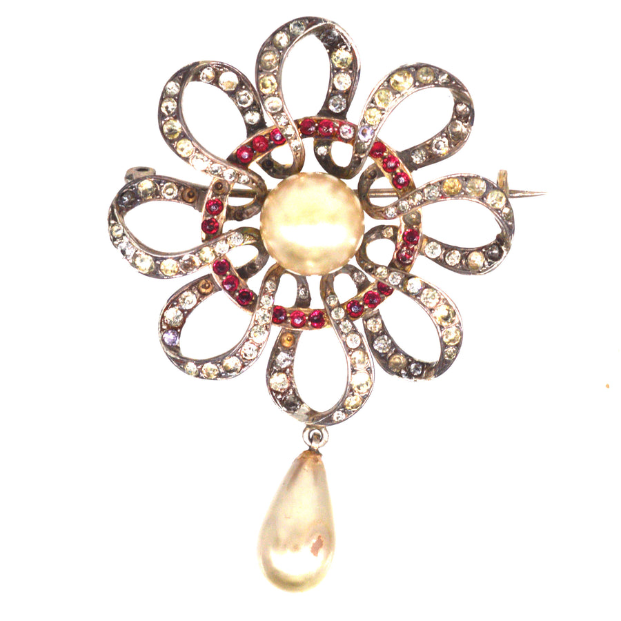 1910s Sterling Silver Faux Pearl & Paste Brooch