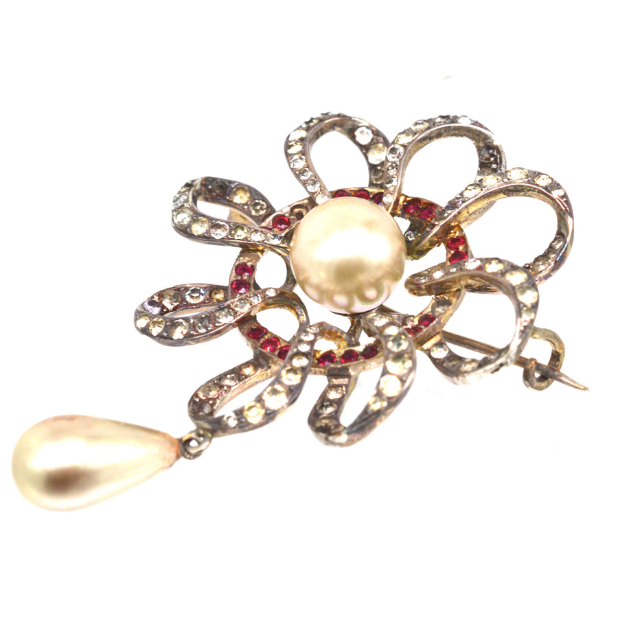 1910s Sterling Silver Faux Pearl & Paste Brooch