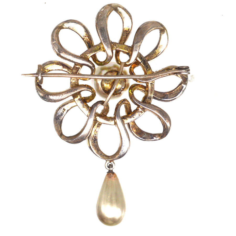1910s Sterling Silver Faux Pearl & Paste Brooch