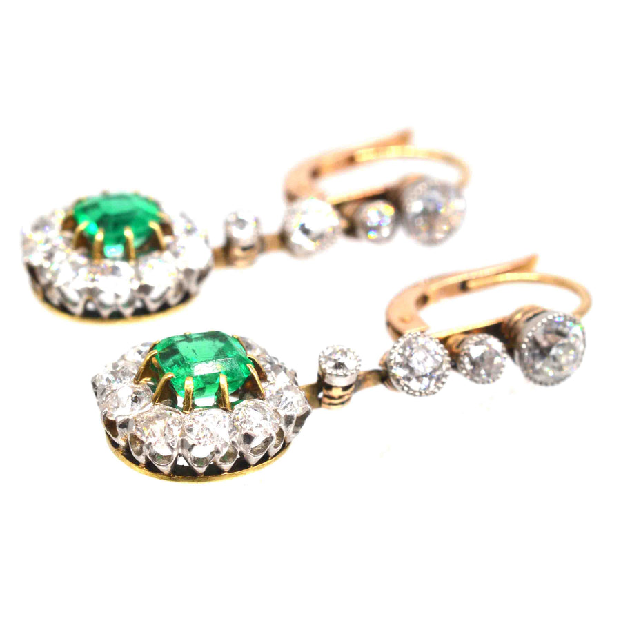 Edwardian Columbian Emerald and Diamond Cluster Drop Earrings