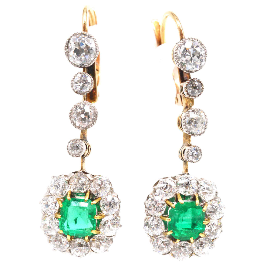 Edwardian Columbian Emerald and Diamond Cluster Drop Earrings