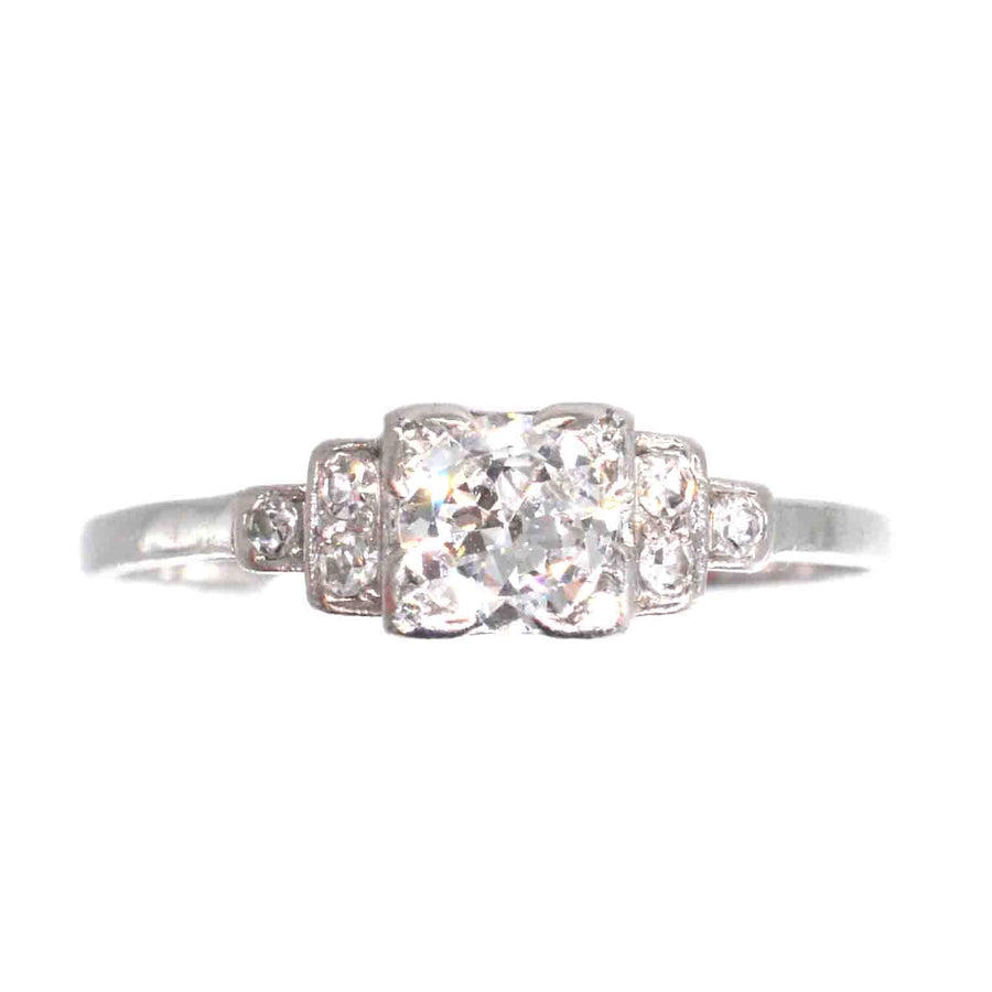 Art Deco Platinum Diamond Solitaire Ring with Diamond Shoulders