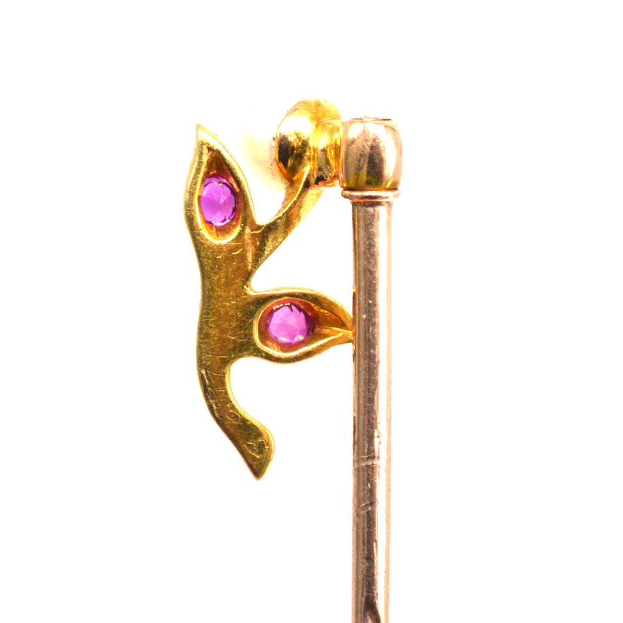 Edwardian 18ct Gold Ruby and Pearl Flower Tie Pin