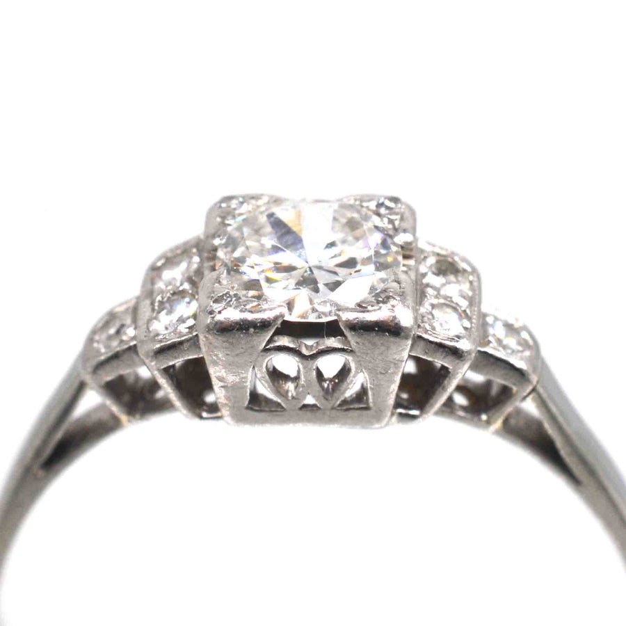 Art Deco Platinum Diamond Solitaire Ring with Diamond Shoulders