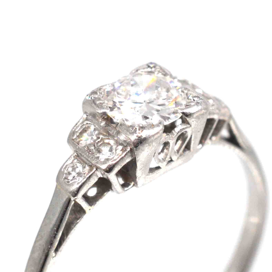 Art Deco Platinum Diamond Solitaire Ring with Diamond Shoulders