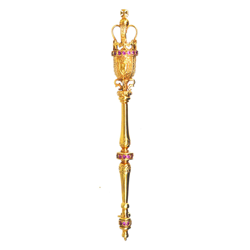 Broche vintage en or 9 carats avec masse royale et rubis