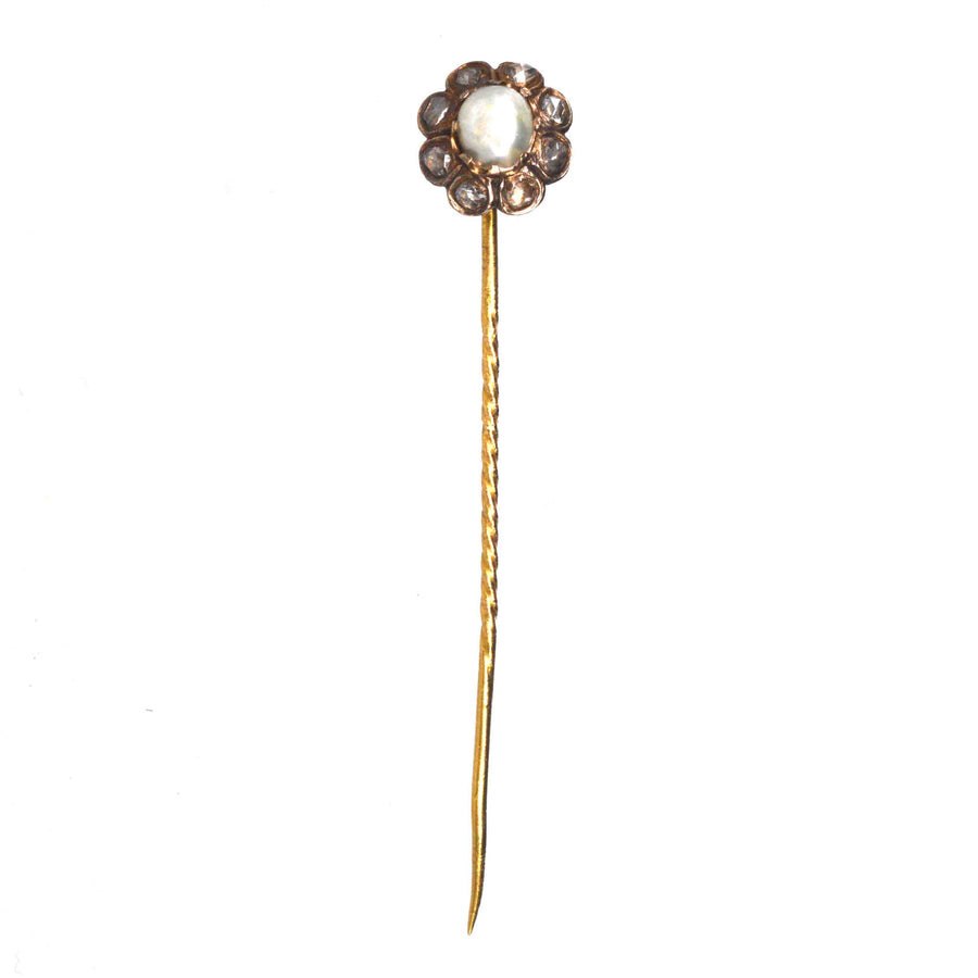 19th Century 18ct Gold Natural Pearl and Rose Cut Diamonds Cluster Tie Pin