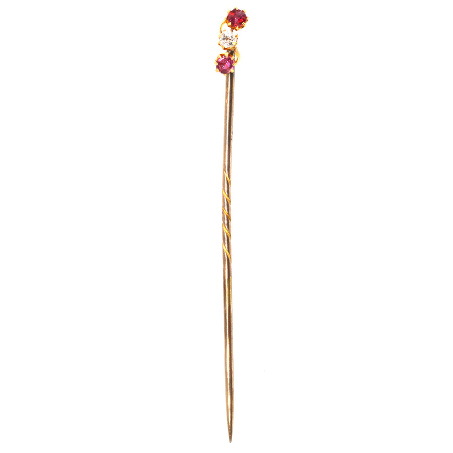 Edwardian 18ct Gold Ruby and Diamond Triple Crossover Tie Pin