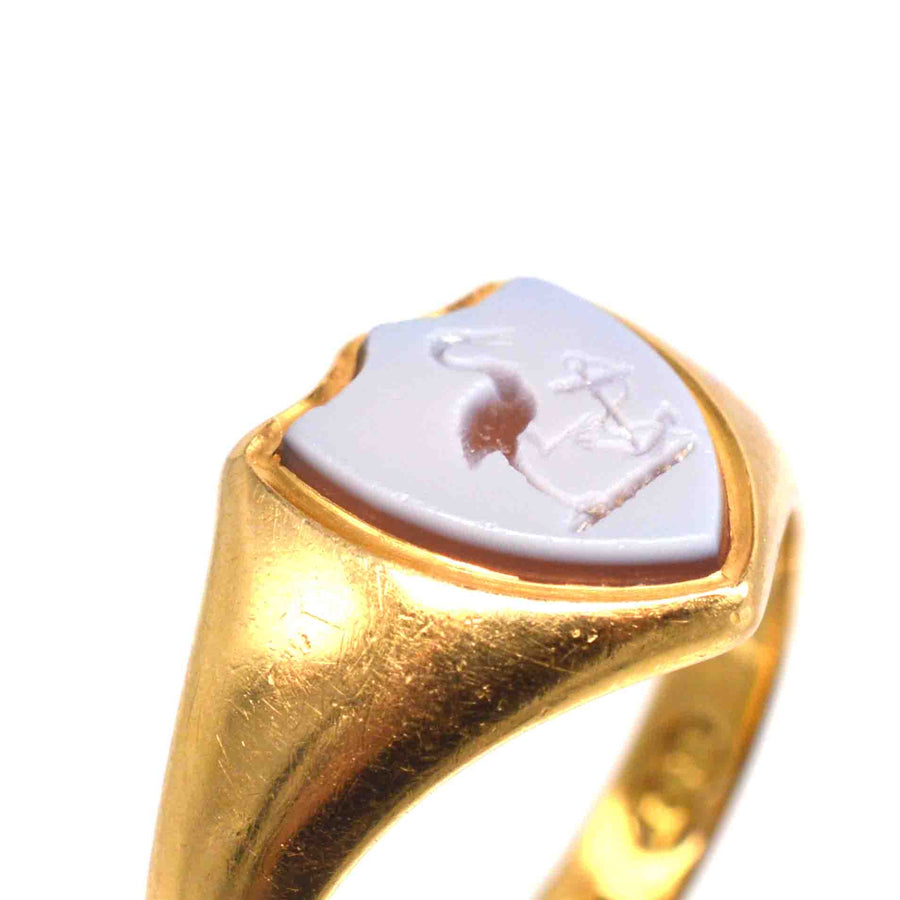 Victorian 18ct Gold and Carnelian Signet Ring with a Stork and and an Anchor