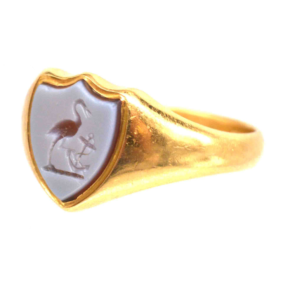 Victorian 18ct Gold and Carnelian Signet Ring with a Stork and and an Anchor