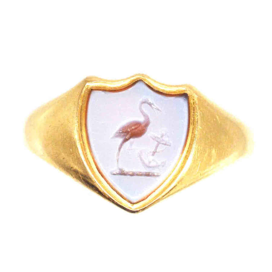 Victorian 18ct Gold and Carnelian Signet Ring with a Stork and and an Anchor