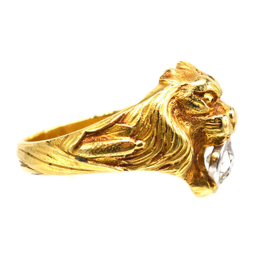 French Art Nouveau 18ct Gold Roaring Lion with Diamond