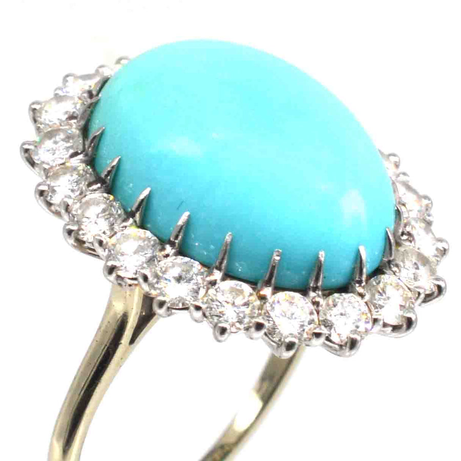 French Large Vintage Turquoise and Diamond Cluster Cocktail Ring