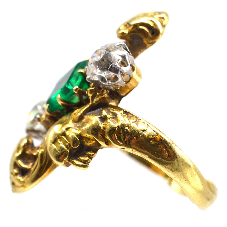 French Art Nouveau 18ct Gold Griffin Ring with Colombian Emerald and Diamonds