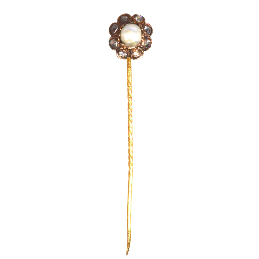 19th Century 18ct Gold Natural Pearl and Rose Cut Diamonds Cluster Tie Pin