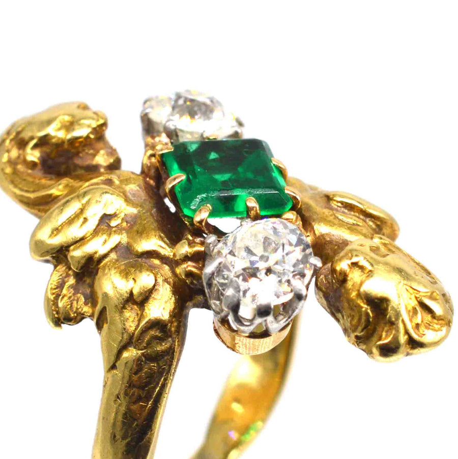 French Art Nouveau 18ct Gold Griffin Ring with Colombian Emerald and Diamonds