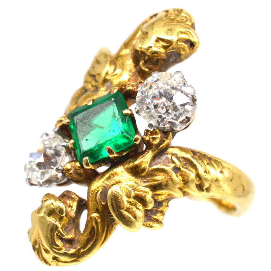 French Art Nouveau 18ct Gold Griffin Ring with Colombian Emerald and Diamonds