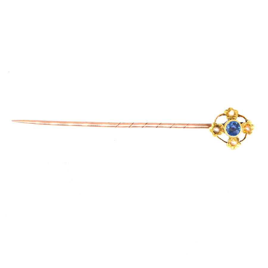 Edwardian 15ct Gold Sapphire and Pearl Tie Pin