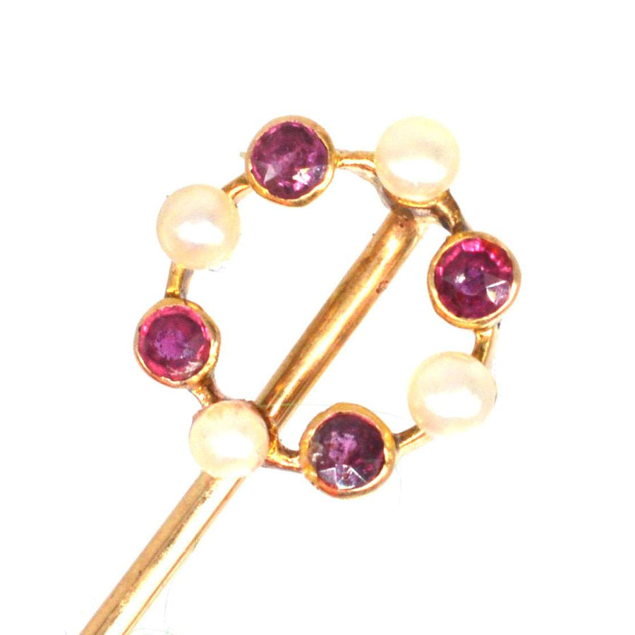 Edwardian 15ct Gold Pearl and Ruby Circular Tie Pin