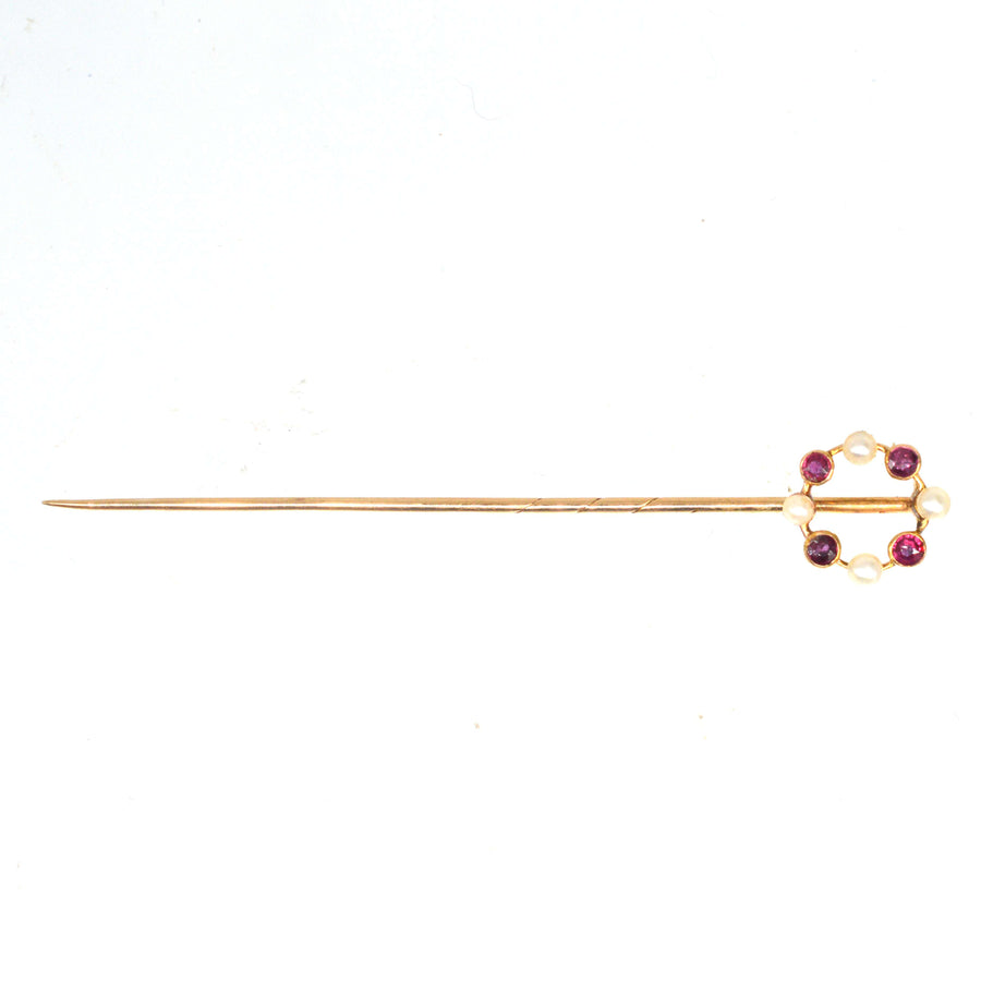 Edwardian 15ct Gold Pearl and Ruby Circular Tie Pin