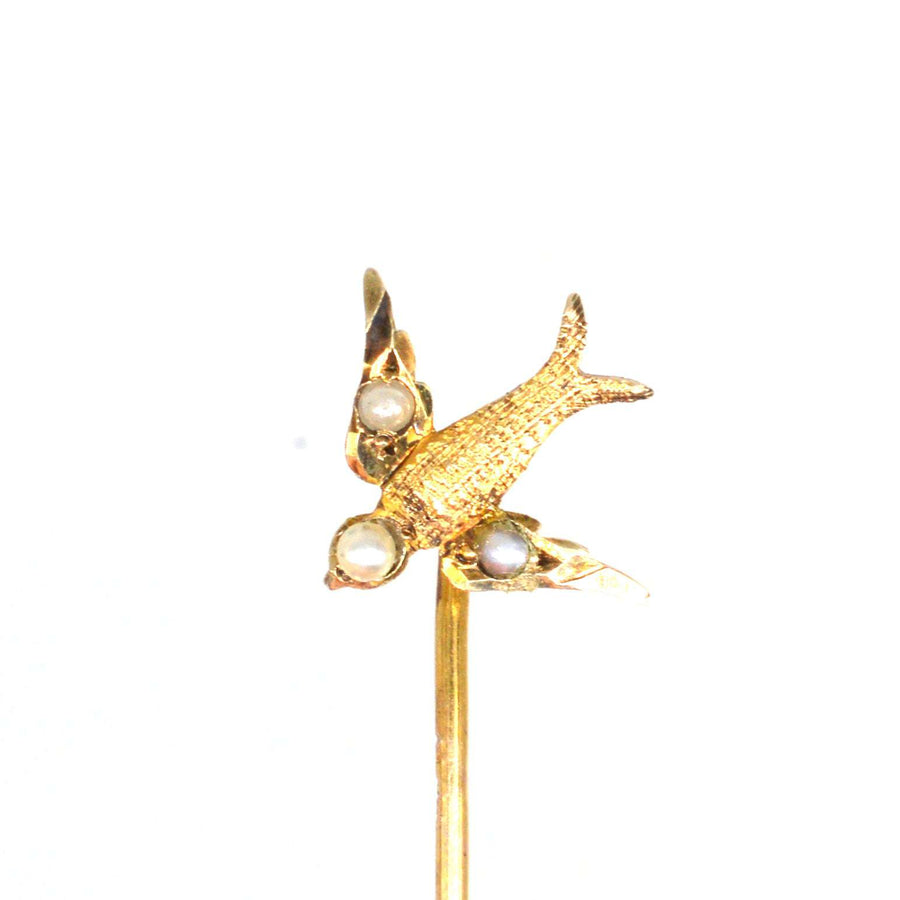 Edwardian 9ct Gold Swallow Tie Pin with Seed Pearls
