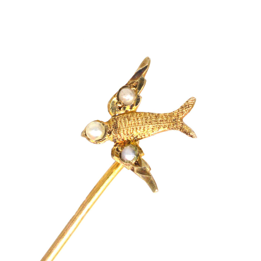 Edwardian 9ct Gold Swallow Tie Pin with Seed Pearls
