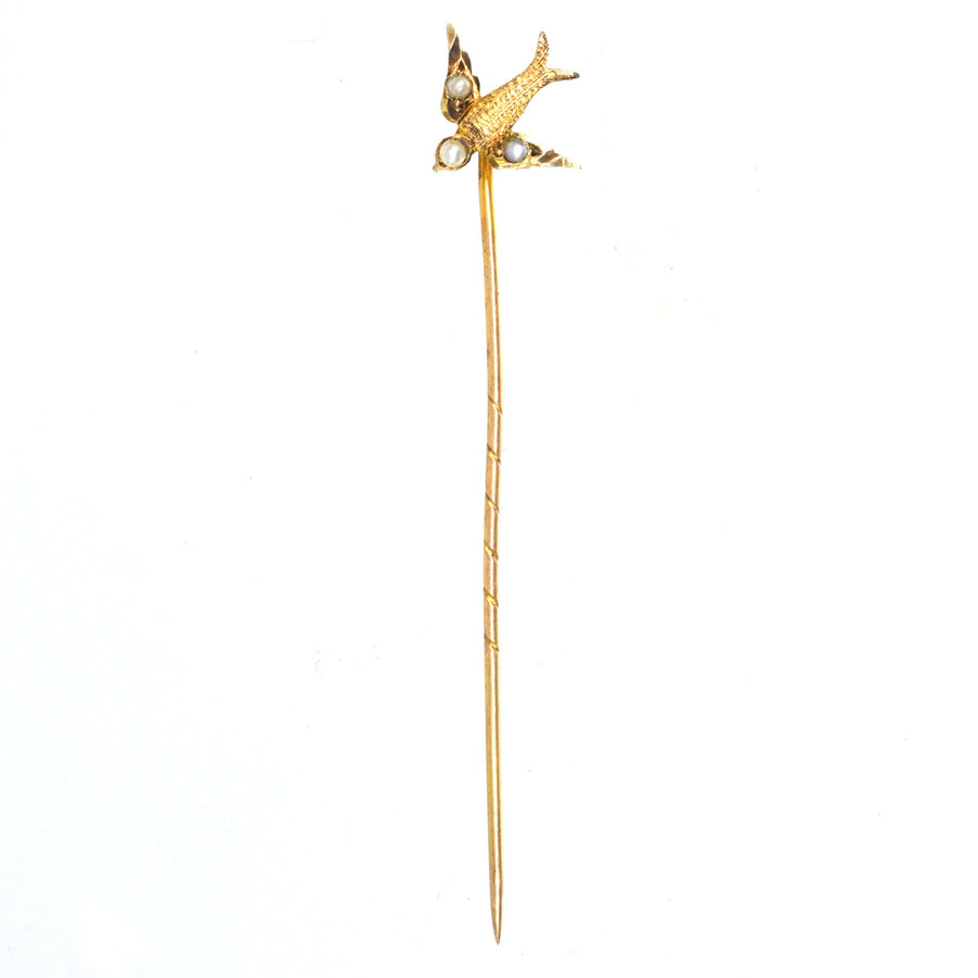 Edwardian 9ct Gold Swallow Tie Pin with Seed Pearls