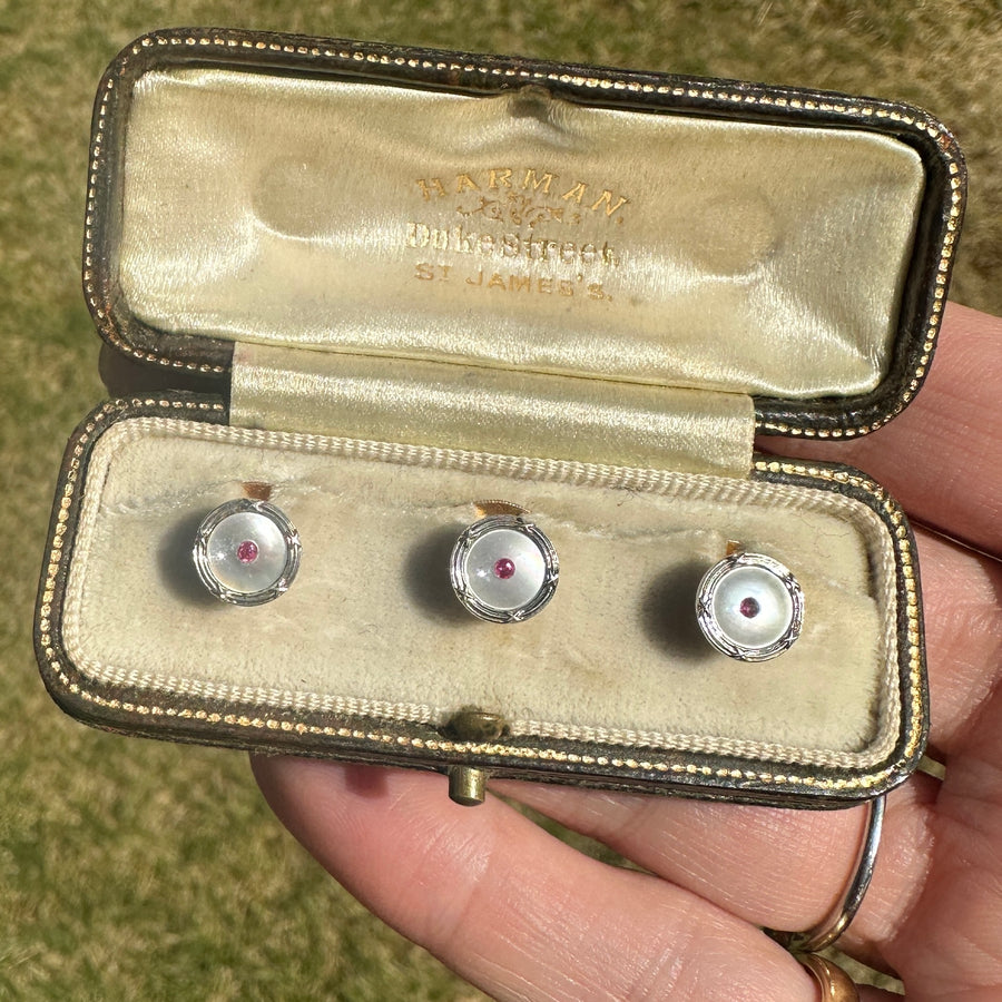 Edwardian 9ct Gold & Platinum, Mother of Pearl and Ruby Dress Studs
